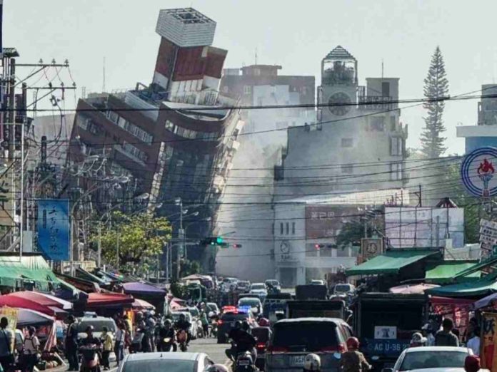 MECO A building in Hualien City, Taiwan tilts on its side following a major earthquake on April 3, 2024. A 7.3-magnitude earthquake jolted the sea area near Hualien, according to the China Earthquake Networks Center. XINHUA PHOTO