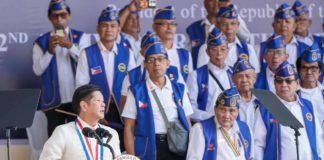 “Let us emulate the bravery, integrity, and resilience of the heroes and heroines of Bataan so that, like them, we may emerge triumphant in the trials of our time,” says President Ferdinand “Bongbong” Marcos Jr. during yesterday’s Day of Valor program in Bataan. Behind him are World War II veterans. PCO