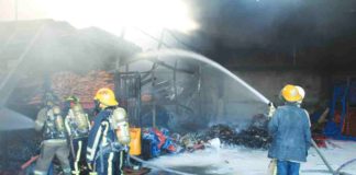 FIRE HITS WAREHOUSE. A fire struck a warehouse for construction materials in Barangay Guihaman, Leganes, Iloilo around 4 p.m. on Thursday, April 4. As of this writing, the Bureau of Fire Protection has yet to release other details about the fire as well as its estimated damage cost. The bureau has warned the public of the risk of fires due the prevailing hot weather condition. AJ PALCULLO/PN