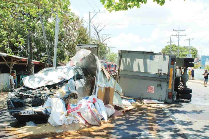 A crash involving a six-wheeler truck, a sports utility vehicle, and a pickup truck, all with multiple passengers, erupted in Barangay Jibao-an, Pavia, Iloilo on Wednesday morning, April 10. AJ PALCULLO/PN