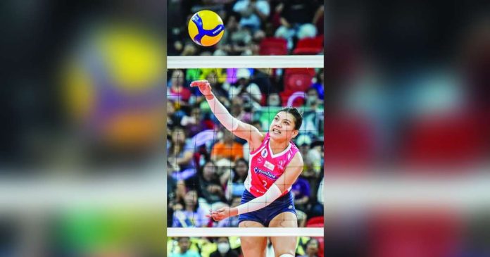 sports creamline_superimposed Creamline Cool Smashers’ Alyssa Valdez scores against NxLed Chameleons. PVL PHOTO