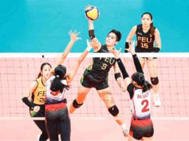 Far Eastern University Lady Tamaraws’ Chenie Tagaod drops the ball to the defense of University of the East Lady Warriors. UAAP PHOTO