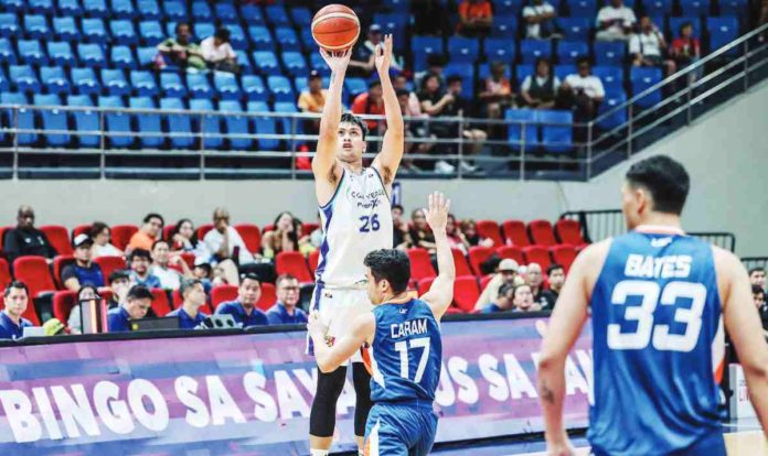 Bryan Santos connects seven triples in Converge FiberXers’ win over the Meralco Bolts. PBA PHOTO