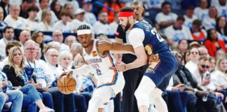 Oklahoma City Thunder’s Shai Gilgeous-Alexander tries to ward off the defense of New Orleans Pelicans’ Larry Nance Jr. PHOTO COURTESY OF SPORTSKEEDA