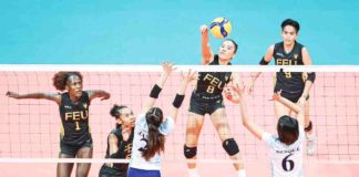 Far Eastern University Lady Tamaraws’ Mitzi Panangin drops the ball against the defense of Adamson University Lady Falcons. UAAP PHOTO