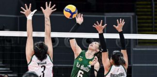 De La Salle University Lady Spikers’ Alleiah Malaluan attempts to score against the defense of the University of the Philippines Fighting Maroons. UAAP PHOTO