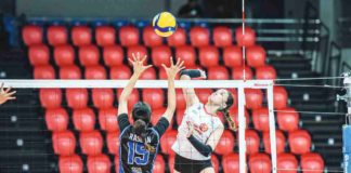 Negrense Kiesha Bedonia of PLDT High Speed Hitters scores against the defense of Strong Group Athletics’ Souzan Raslan. PVL PHOTO