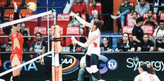 Negrense Sophie Cagalawan of San Beda University Lady Red Spikers smashes the ball towards the defense of San Sebastian College Lady Stags. PHOTO COURTESY OF NCAA/GMA SPORTS