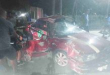A driver and his companion died while their car was severely damaged after it crashed into a hardware store in Banate, Iloilo on Wednesday, April 17. BANATE PNP PHOTO