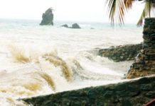 Strong waves batter the shoreline of Barangay Biga in Lobo, Batangas at the height of Tropical Storm Aghon on Sunday, May 26, 2024. PNA