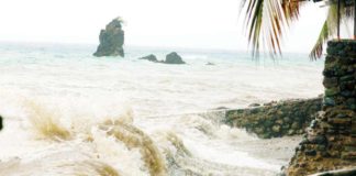 Strong waves batter the shoreline of Barangay Biga in Lobo, Batangas at the height of Tropical Storm Aghon on Sunday, May 26, 2024. PNA