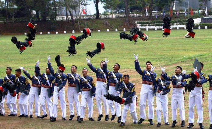 Some of the 278 graduates of Philippine Military Academy “Bagong Sinag” Class of 2024 whoop it up at the end of their graduation ceremony in Fort del Pilar, Baguio City on Saturday (May 18, 2024). President Ferdinand R. Marcos Jr. told the graduates to remain vigilant and resolute against internal and external threats. PNA