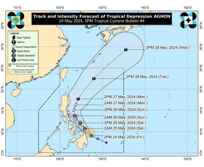 Tropical Depression (TD) “Aghon” was forecasted to move generally west northwestward to northwestward from Friday until Saturday, May 25, while slowly intensifying. On the track forecast, Aghon could make landfall over the southern portion of Eastern Samar or Dinagat Islands on Saturday morning as a tropical storm. DOST-PAGASA PHOTO