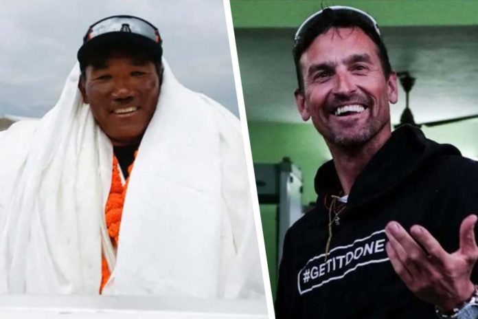 (Left) Kami Rita Sherpa waves to supporters from the top of car after arriving back at base camp after his 28th climb in 2023. (Right) Kenton Cool seen in Kathmandu after his 16th climb in 2022. GETTY IMAGES
