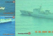 China Coast Guard vessels pictured here are seen tailing the “Atin Ito” mission to Panatag (Scarborough) Shoal nearly two kilometers away from the convoy. PHILIPPINE COAST GUARD