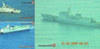 China Coast Guard vessels pictured here are seen tailing the “Atin Ito” mission to Panatag (Scarborough) Shoal nearly two kilometers away from the convoy. PHILIPPINE COAST GUARD