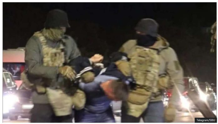This grainy video shows a man being arrested for suspicion of colluding with Russian security services to kill Ukraine’s President Volodymyr Zelensky. TELEGRAM/SBU FOOTAGE