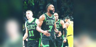 Boston Celtics’ Jaylen Brown screams after scoring a three-pointer in Game 2 of the NBA Eastern Conference Finals series against Indiana Pacers. PHOTO COURTESY OF BOSTON CELTICS