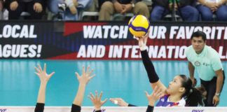 Alas Pilipinas’ Ejiya Laure goes for a drop ball against the defense of two Chinese Taipei players. PNVF PHOTO