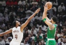 Boston Celtics’ Jayson Tatum (0) shoots over Cleveland Cavaliers' Evan Mobley (4). PHOTO COURTESY OF SUE OGROCKI/AP