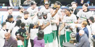 Boston Celtics’ Jaylen Brown raises his NBA Eastern Conference Finals MVP trophy. PHOTO COURTESY OF BOSTON CELTICS