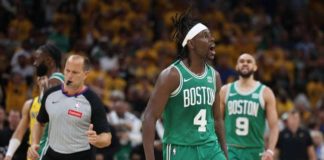 Boston Celtics’ Jrue Holiday reacts after completing a steal against Indiana Pacers late in Game 3. PHOTO COURTESY OF USA TODAY SPORTS