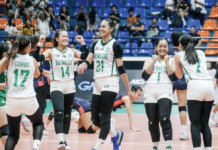 Members of College of St. Benilde Lady Blazers celebrate their third consecutive NCAA women’s volleyball crown. PHOTO COURTESY OF NCAA/GMA SPORTS