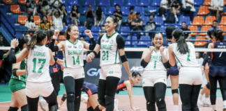 Members of College of St. Benilde Lady Blazers celebrate their third consecutive NCAA women’s volleyball crown. PHOTO COURTESY OF NCAA/GMA SPORTS