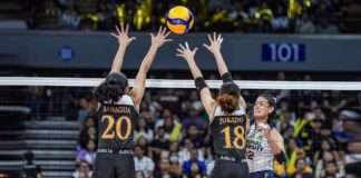 National University Lady Bulldogs’ Alyssa Solomon scores against the defense of University of Santo Tomas Golden Tigresses’ Margaret Banagua and Regina Jurado. UAAP PHOTO
