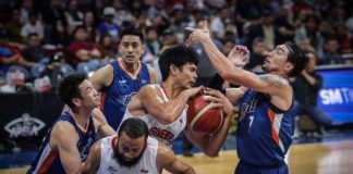 Barangay Ginebra San Miguel Kings’ Japeth Aguilar muscles his way to grab the rebound. PBA PHOTO