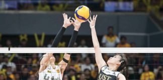 Negrense Cassie Carballo of the University of Santo Tomas Golden Tigresses’ battles Ilongga Amie Provido of De La Salle University Lady Spikers for the ball. UAAP PHOTO