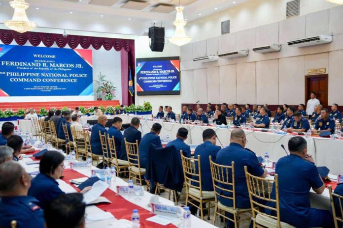 PNP_resized President Ferdinand Marcos Jr. presides over a command conference of the Philippine National Police at Camp Crame on June 5, 2024. PCO