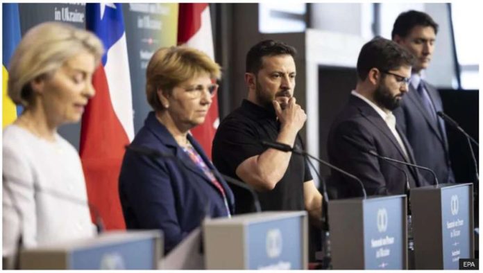Volodymyr Zelensky (center), flanked by European Union Commission president Ursula von der Leyen, Swiss President Viola Amherd, Chilean President Gabriel Boric and Canadian Prime Minister Justin Trudeau. EPA