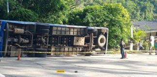 A public school teacher died and more than 30 others were injured after a Bacolod City Government-owned bus accidentally fell on its side in Barangay Igmaya-an, Don Salvador Benedicto, Negros Occidental on June 14. PHOTO COURTESY OF K5 NEWS FM NEGROS OCCIDENTAL