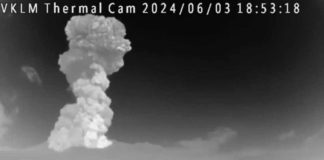 This thermal camera of the Department of Science and Technology – Philippine Institute of Volcanology and Seismology captured the early evening June 3, 2024 eruption of Kanlaon Volcano in Negros Island. The eruption produced a voluminous and incandescent plume that rapidly rose to 5,000 meters above the vent. DOST-PHIVOLCS