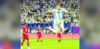 Argentina’s Lautaro Martínez jumps in the air after scoring a goal against Canada. PHOTO COURTESY OF AFA-SELECCÍON ARGENTINA