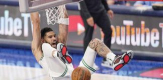 Boston Celtics’ Jayson Tatum hangs into the ring after a two-handed dunk. AP PHOTO