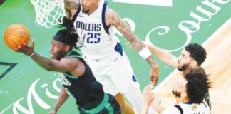 Boston Celtics guard Jrue Holiday goes for a tough reverse layup. PHOTO COURTESY OF BOSTON GLOBE