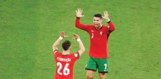 Portugal star Cristiano Ronaldo celebrates with Francisco Conceicao, who scored the game-winner against Czechia. GETTY IMAGES