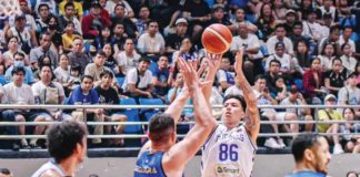 Gilas Pilipinas’ Dwight Ramos pulls up for a shot against the defense of Taiwan Mustangs’ Sam Deguara. PHOTO COURTESY OF PILIPINAS LIVE