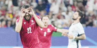 Georgia’s Khvicha Kvaratskhelia celebrates after scoring a goal against Portugal.