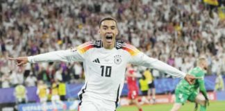 Germany’s Jamal Musiala celebrates after scoring his side’s second goal during a round of 16 match between Germany and Denmark. AP PHOTO/ANDREEA ALEXANDRU