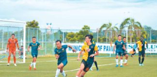 Kaya Futbol Club-Iloilo maintain their winning ways in the 2024 Philippines Football League. Photo shows players of Kaya and the Philippine Army going after the ball at the Campo Alcantara Stadium in Pavia, Iloilo. PHOTO BY JOSE AJENO
