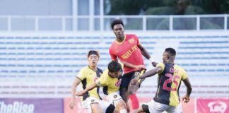 Kaya Futbol Club-Iloilo players try to block a Manila Diggers FC player from reaching the ball. PHOTO COURTESY OF KAYA-ILOILO