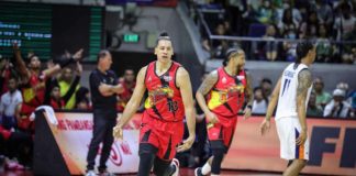 Marcio Lassiter delivers the game-winning three-pointer in San Miguel Beermen’s Game 2 win over Meralco Bolts. PBA PHOTO