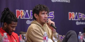San Miguel Beermen’s June Mar Fajardo speaks during the PBA Philippine Cup finals press conference. PBA PHOTO