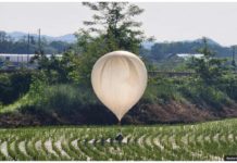 On May 29, a balloon believed to have been sent by North Korea carrying various objects including what appeared to be trash and excrement was spotted over a rice field at Cheorwon, South Korea. REUTERS