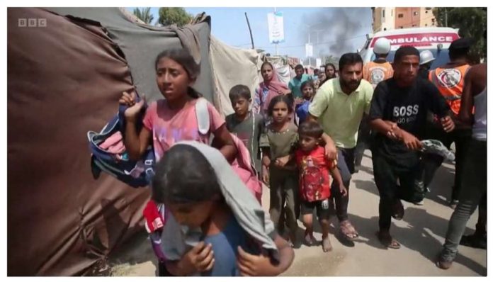 There is chaos as Palestinians flee after an Israeli airstrike hits Khan Younis in the Gaza Strip. BBC
