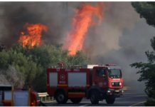 Firefighers try to extinguish a wildfire caused by projectiles launched by Hezbollah, iI Mevuot Hermon, upper Galilee, Israel. Hezbollah;s rockets and drones sparked a number of fires in northern Israel. EPA