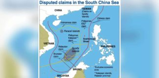 Map shows the disputed areas in the West Philippine Sea (South China Sea), including the Spratlys Islands and Scarborough Shoal. AFP